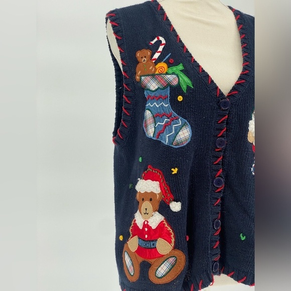 Festive Navy Holiday Sweater Vest with Bear and Candy Cane Design Size L - Picture 3 of 11